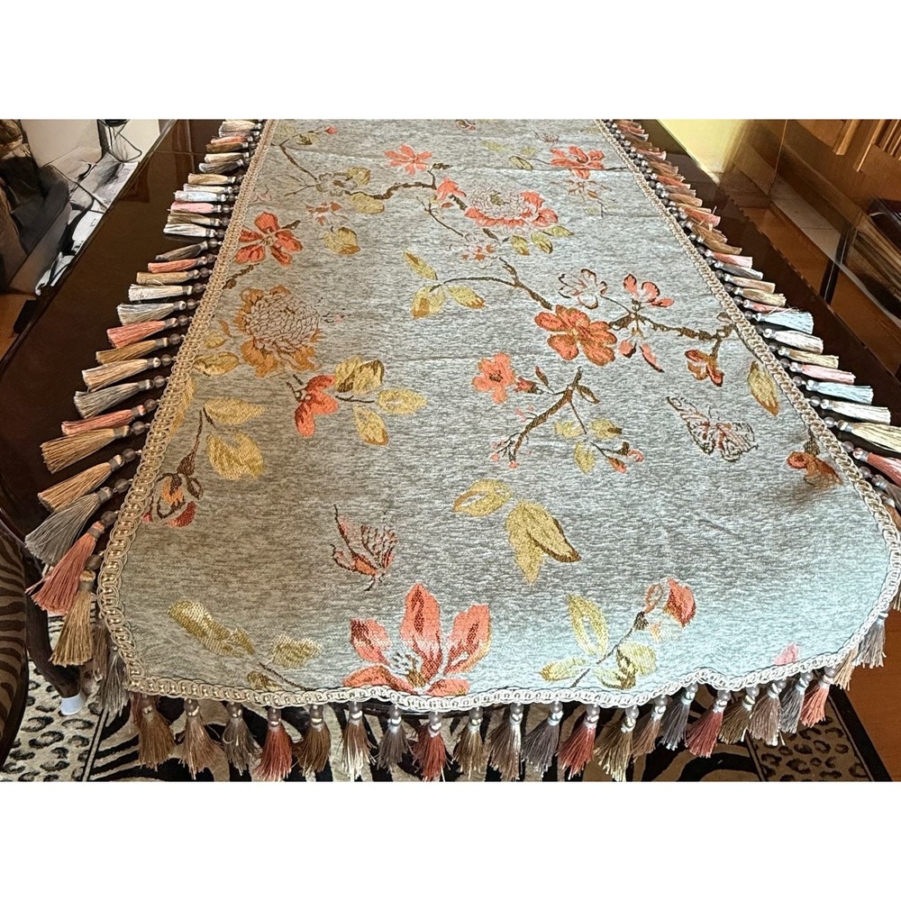 Tapestry Runner Two Sided Floral  Butterfly Print With Tassels NWT